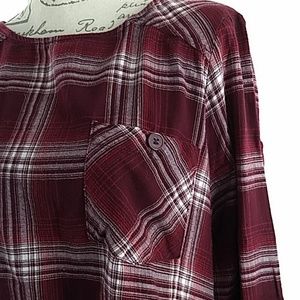 Red White Plaid Cotton Flannel Top Long Sleeves L